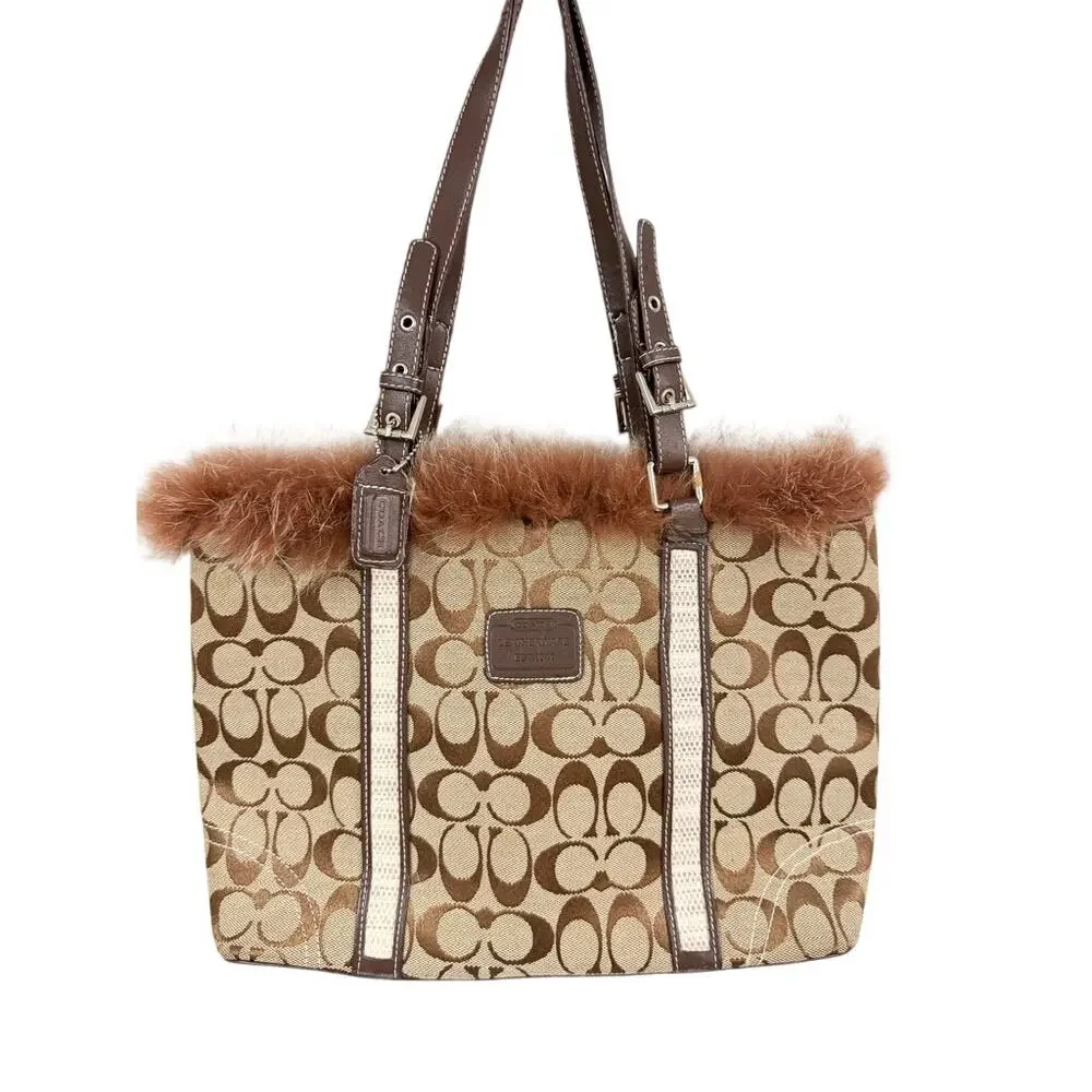 Coach 2004 Signature Jacquard Genuine Fur Trim Tote Bag Y2K